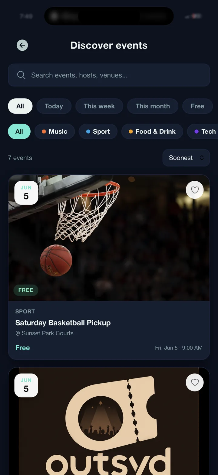 The Outsyd app showing the Discover events screen